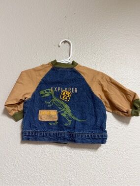 Kids Dino Explorer Denim Jacket - Green & Tan